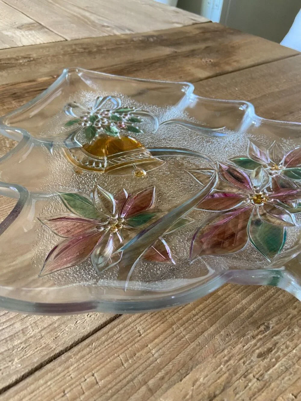 Christmas tree serving platter, holiday glass tray, hand painted centerpiece,